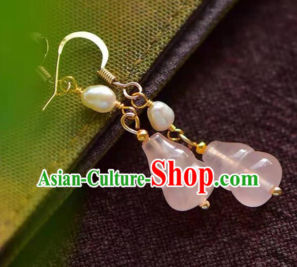 Handmade China Rose Quartz Gourd Ear National Jewelry Accessories Traditional Cheongsam Pearl Earrings