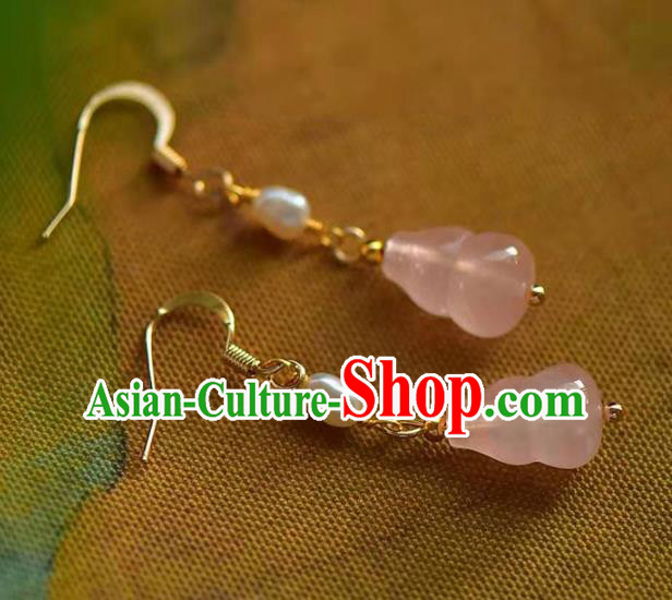 Handmade China Rose Quartz Gourd Ear National Jewelry Accessories Traditional Cheongsam Pearl Earrings