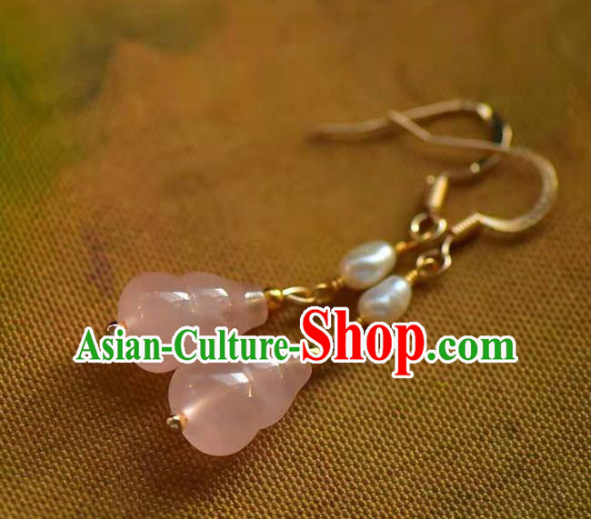 Handmade China Rose Quartz Gourd Ear National Jewelry Accessories Traditional Cheongsam Pearl Earrings