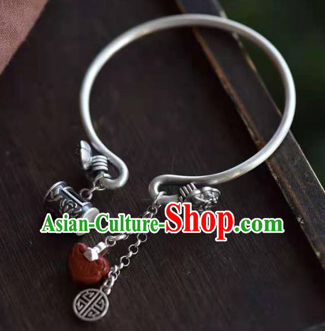 China Handmade Silver Lock Bracelet Traditional Jewelry Accessories National Agate Tassel Bangle