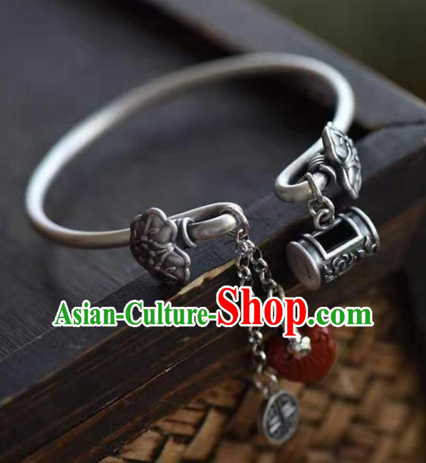 China Handmade Silver Lock Bracelet Traditional Jewelry Accessories National Agate Tassel Bangle