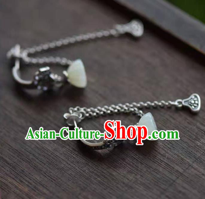 Handmade China Jade Lotus Seedpod Ear National Jewelry Accessories Traditional Cheongsam Silver Earrings
