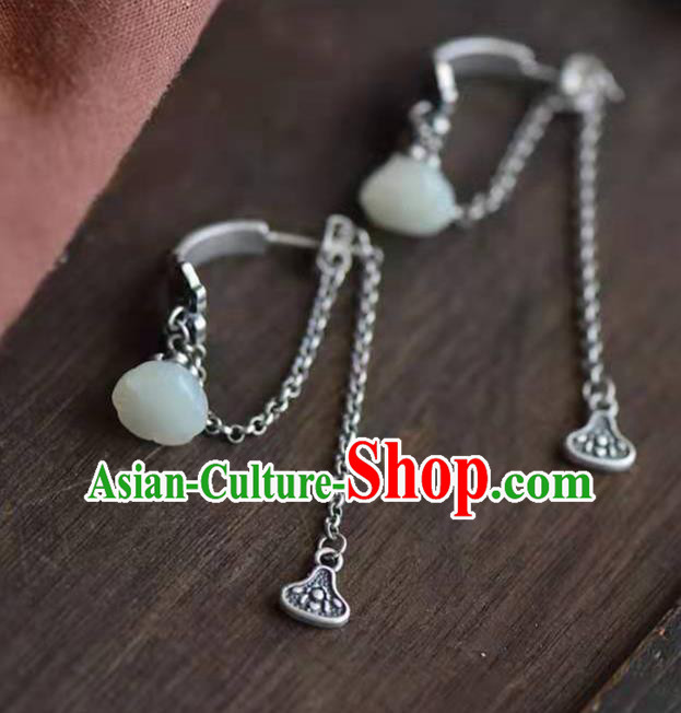 Handmade China Jade Lotus Seedpod Ear National Jewelry Accessories Traditional Cheongsam Silver Earrings