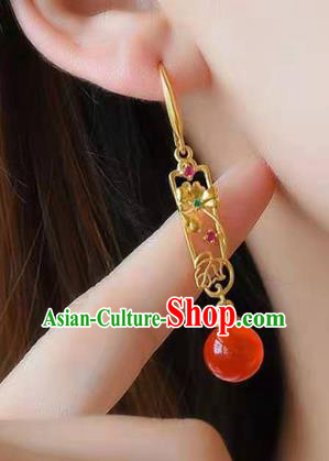 Handmade China Red Bead Ear National Jewelry Accessories Traditional Cheongsam Golden Earrings