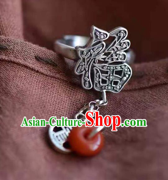 China National Agate Peace Buckle Ring Jewelry Traditional Handmade Silver Circlet Accessories