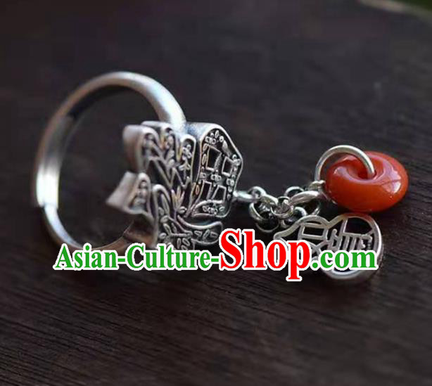 China National Agate Peace Buckle Ring Jewelry Traditional Handmade Silver Circlet Accessories