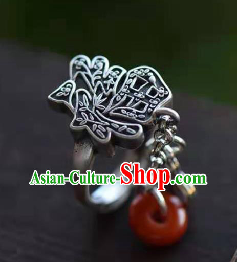 China National Agate Peace Buckle Ring Jewelry Traditional Handmade Silver Circlet Accessories