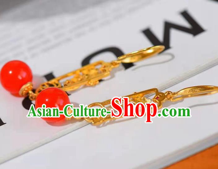 Handmade China Red Bead Ear National Jewelry Accessories Traditional Cheongsam Golden Earrings