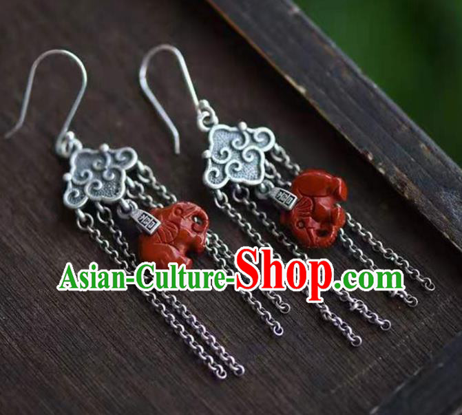 Handmade China Agate Elephant Ear Jewelry Accessories Traditional National Cheongsam Silver Tassel Earrings