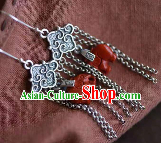 Handmade China Agate Elephant Ear Jewelry Accessories Traditional National Cheongsam Silver Tassel Earrings