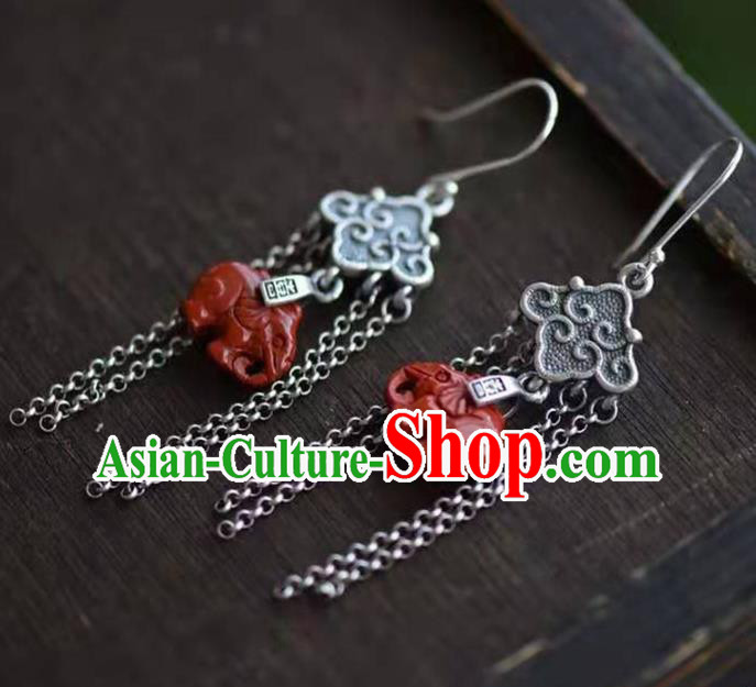 Handmade China Agate Elephant Ear Jewelry Accessories Traditional National Cheongsam Silver Tassel Earrings