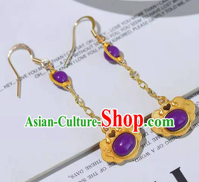 Handmade China Golden Lock Ear National Jewelry Accessories Traditional Cheongsam Fluorite Earrings