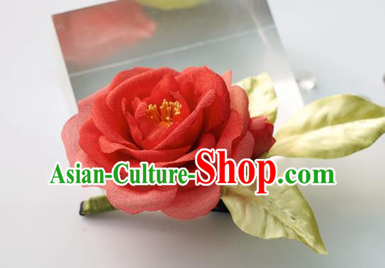 China Traditional Tang Dynasty Palace Lady Red Silk Camellia Hair Jewelry Handmade Hair Accessories Hairpin