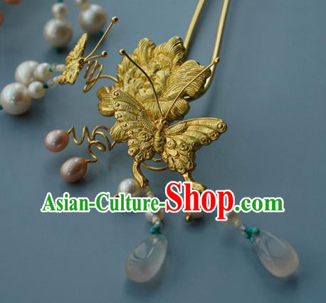 China Traditional Golden Butterfly Hairpin Handmade Hair Accessories Ming Dynasty Empress Hair Stick