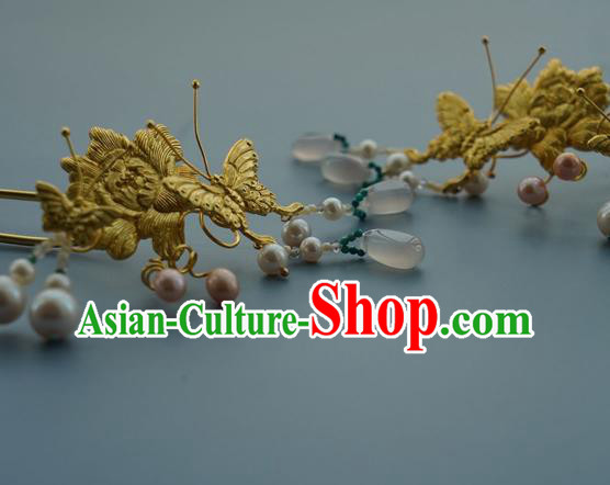 China Traditional Golden Butterfly Hairpin Handmade Hair Accessories Ming Dynasty Empress Hair Stick