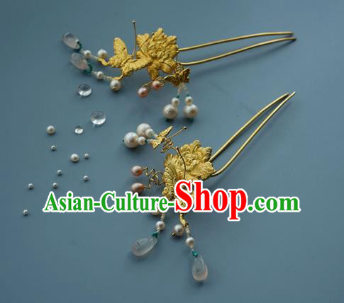 China Traditional Golden Butterfly Hairpin Handmade Hair Accessories Ming Dynasty Empress Hair Stick