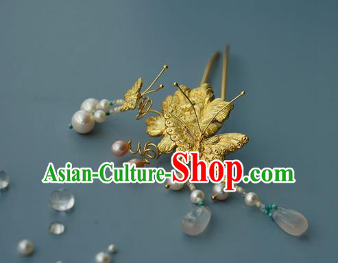 China Traditional Golden Butterfly Hairpin Handmade Hair Accessories Ming Dynasty Empress Hair Stick