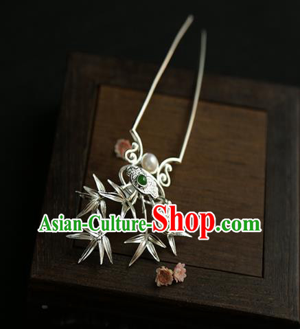 China Traditional Silver Bamboo Hair Stick Handmade Hair Accessories Jin Dynasty Pearl Hairpin
