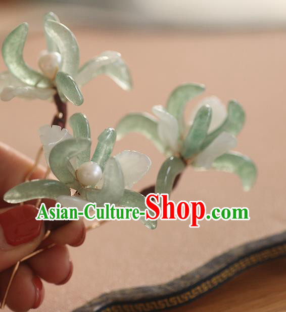 China Handmade Hair Accessories Traditional Song Dynasty Green Orchids Hairpin Ancient Princess Pearls Hair Stick