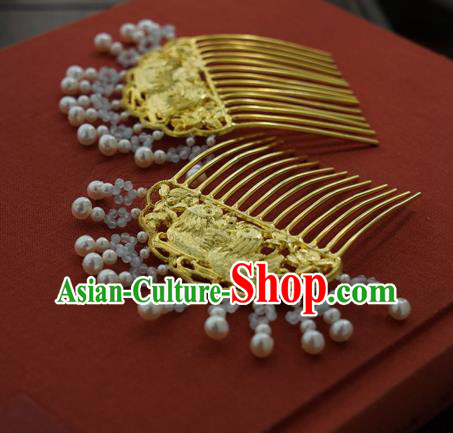 China Traditional Court Golden Hairpin Handmade Hair Accessories Ming Dynasty Pearls Tassel Hair Comb