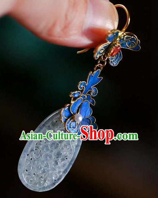 Handmade China Court Jade Ear Jewelry Accessories Traditional National Cheongsam Blueing Peony Earrings