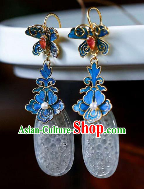 Handmade China Court Jade Ear Jewelry Accessories Traditional National Cheongsam Blueing Peony Earrings