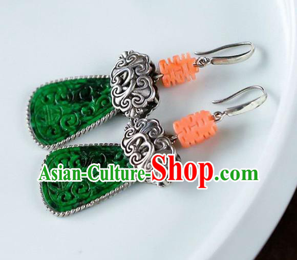 Handmade China Wedding Silver Ear Jewelry Accessories Traditional National Cheongsam Jadeite Earrings