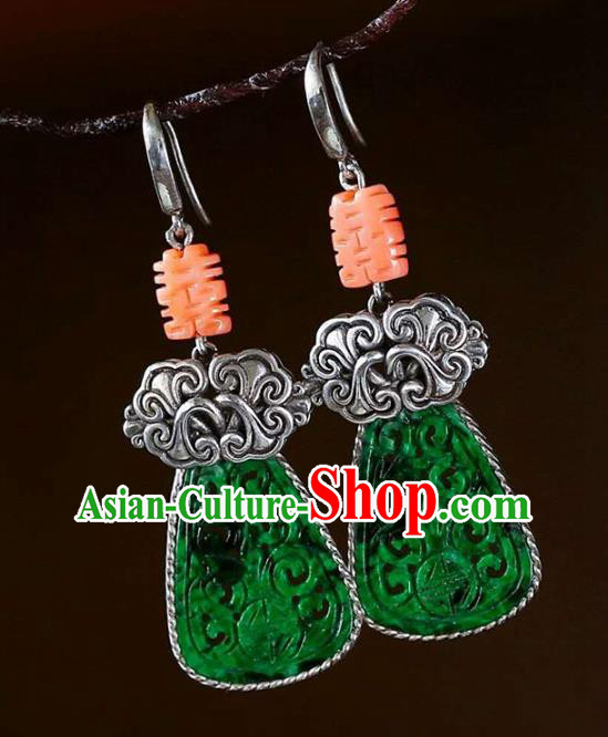 Handmade China Wedding Silver Ear Jewelry Accessories Traditional National Cheongsam Jadeite Earrings