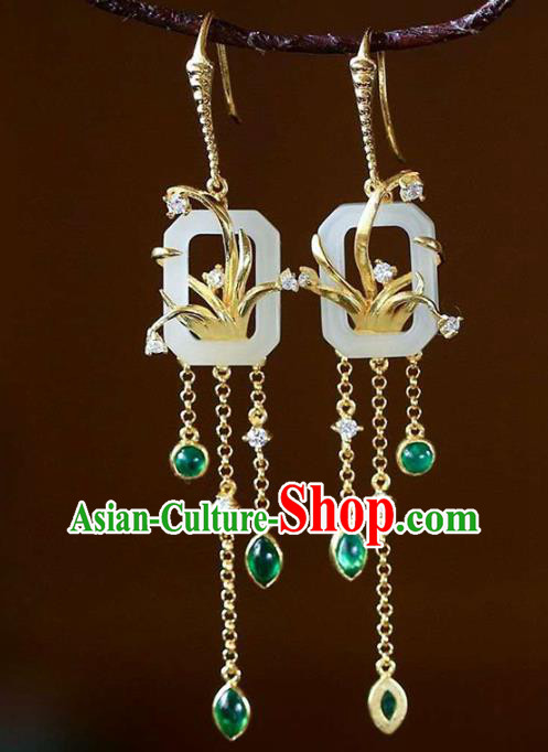 Handmade China Jade Ear Jewelry Accessories Traditional National Cheongsam Green Crystal Tassel Earrings