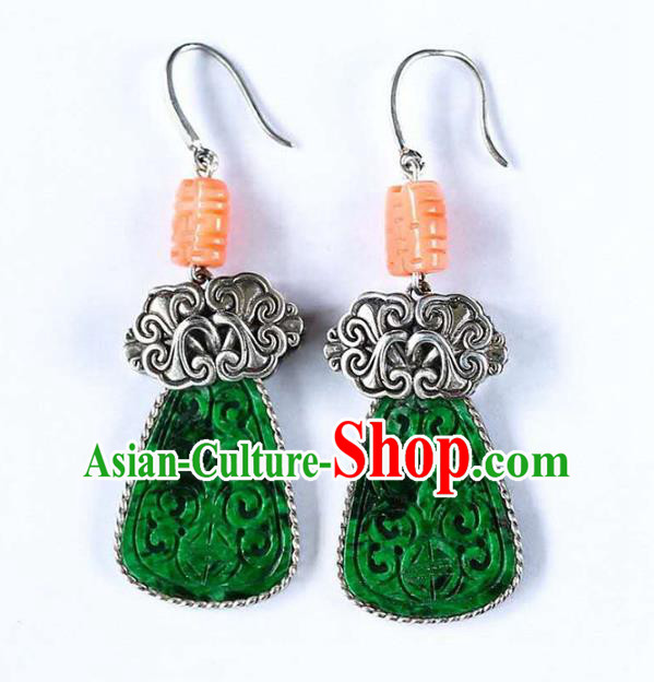 Handmade China Wedding Silver Ear Jewelry Accessories Traditional National Cheongsam Jadeite Earrings