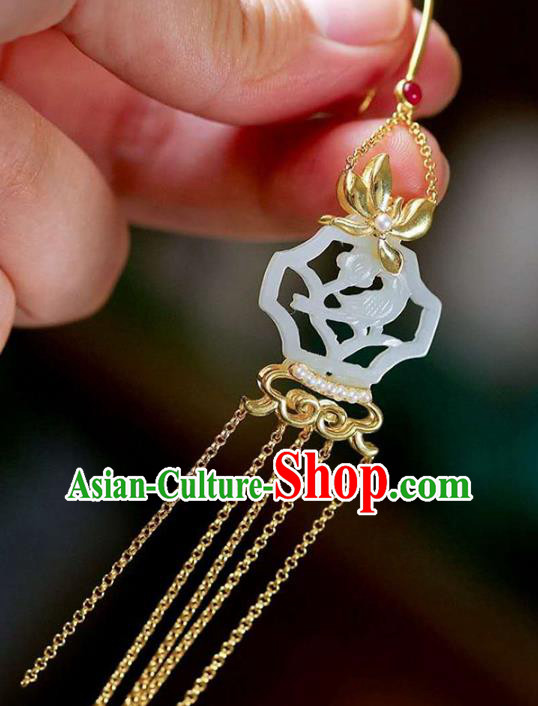 Handmade China Jade Carving Ear Jewelry Accessories Traditional National Cheongsam Golden Orchids Earrings