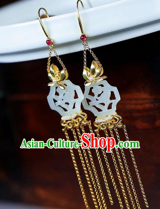 Handmade China Jade Carving Ear Jewelry Accessories Traditional National Cheongsam Golden Orchids Earrings