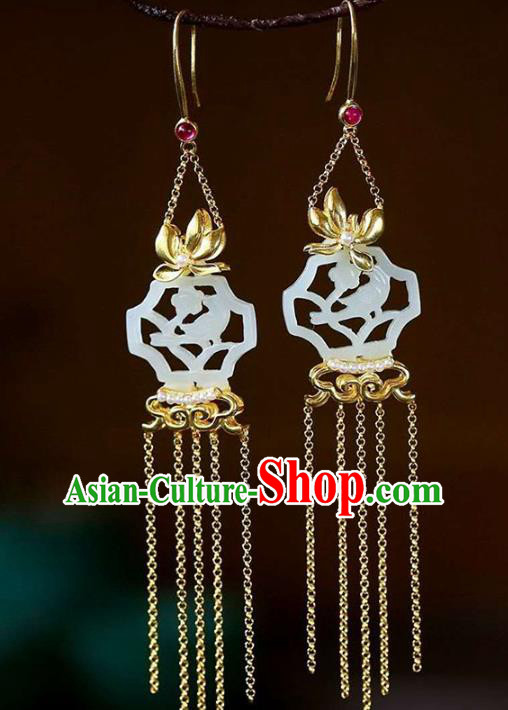 Handmade China Jade Carving Ear Jewelry Accessories Traditional National Cheongsam Golden Orchids Earrings