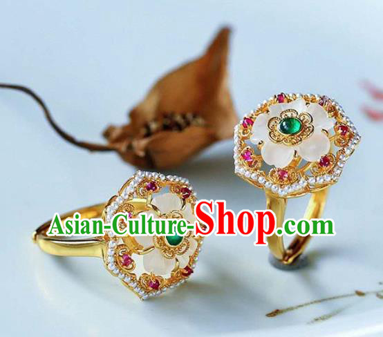 China National White Crystal Flower Ring Jewelry Traditional Handmade Pearls Golden Circlet Accessories