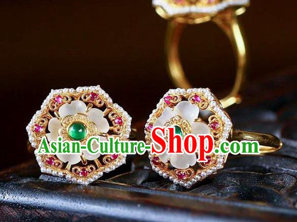 China National White Crystal Flower Ring Jewelry Traditional Handmade Pearls Golden Circlet Accessories