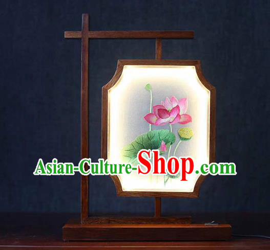 Chinese Handmade Rosewood Table Screen Traditional Embroidered Lotus Lantern National Desk Ornament