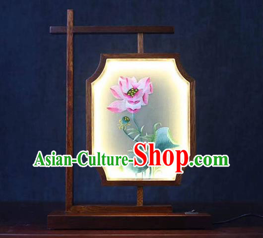 Chinese National Desk Lamp Ornament Handmade Rosewood Table Screen Traditional Embroidered Lotus Lantern
