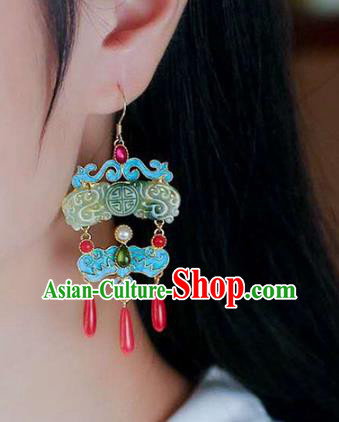 Handmade China Qing Dynasty Palace Ear Jewelry Accessories Traditional Cheongsam Blueing Jade Earrings