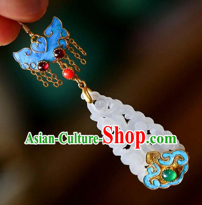 Handmade China Qing Dynasty Jade Ear Jewelry Accessories Traditional Cheongsam Blueing Bat Earrings