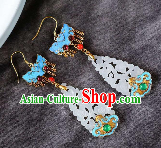 Handmade China Qing Dynasty Jade Ear Jewelry Accessories Traditional Cheongsam Blueing Bat Earrings