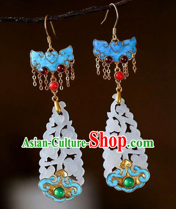 Handmade China Qing Dynasty Jade Ear Jewelry Accessories Traditional Cheongsam Blueing Bat Earrings