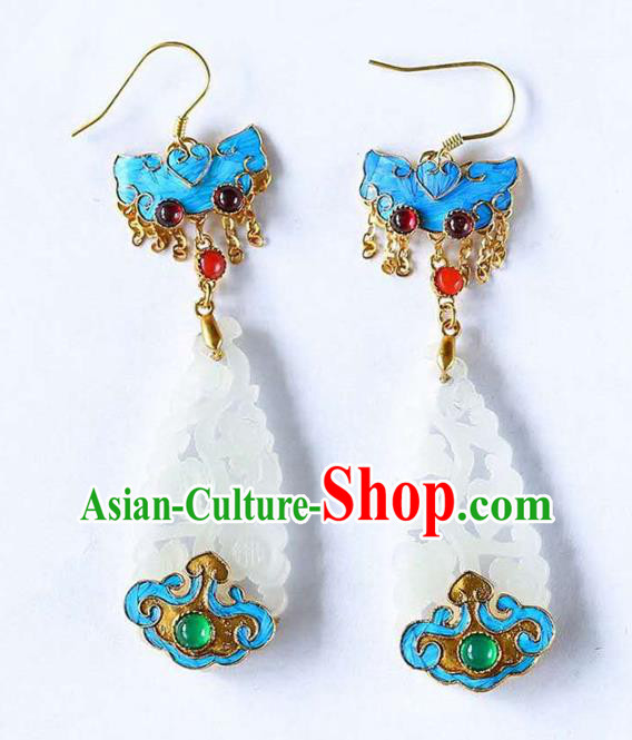 Handmade China Qing Dynasty Jade Ear Jewelry Accessories Traditional Cheongsam Blueing Bat Earrings