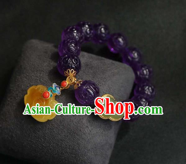China Handmade Amethyst Beads Bracelet Traditional Jewelry Accessories National Beeswax Bangle