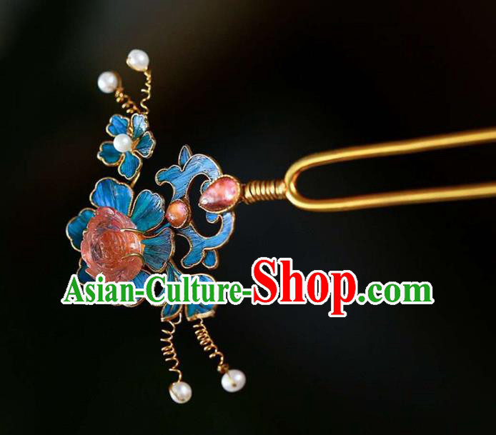 Chinese Traditional Blueing Peony Hair Jewelry Handmade Qing Dynasty Empress Tourmaline Hairpin