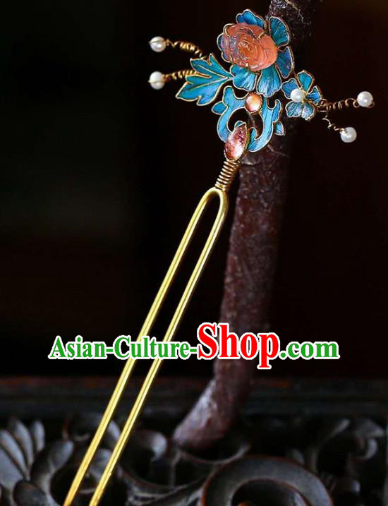 Chinese Traditional Blueing Peony Hair Jewelry Handmade Qing Dynasty Empress Tourmaline Hairpin