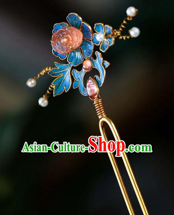 Chinese Traditional Blueing Peony Hair Jewelry Handmade Qing Dynasty Empress Tourmaline Hairpin