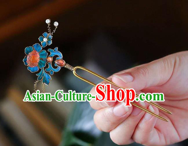 Chinese Traditional Blueing Peony Hair Jewelry Handmade Qing Dynasty Empress Tourmaline Hairpin