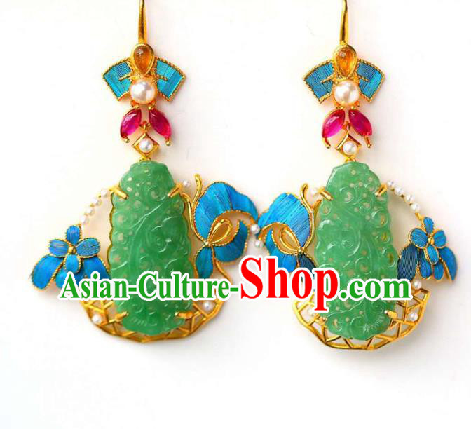 Handmade China Qing Dynasty Jade Ear Jewelry Accessories Traditional Cheongsam Pearls Earrings