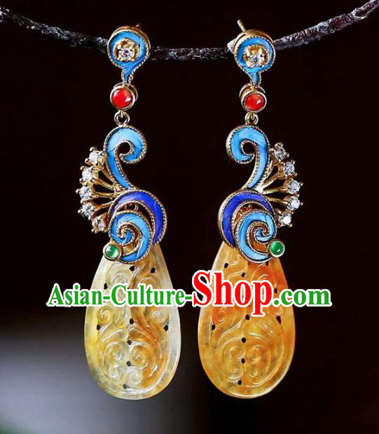Handmade China Qing Dynasty Yellow Jadeite Ear Jewelry Accessories Traditional Cheongsam Cloisonne Earrings
