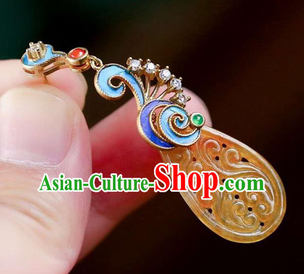 Handmade China Qing Dynasty Yellow Jadeite Ear Jewelry Accessories Traditional Cheongsam Cloisonne Earrings